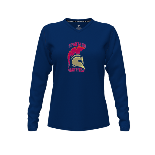 [CUS-DFW-TEES-CMF-VNK-LSL-NVY-FYXS-LOGO3] Decker Comfort T-Shirt (Female Youth XS, Navy, V Neck, Logo 3, Long Sleeve)