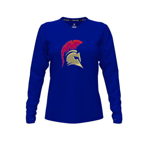 [CUS-DFW-TEES-CMF-VNK-LSL-RYL-FYXS-LOGO2] Decker Comfort T-Shirt (Female Youth XS, Royal, V Neck, Logo 2, Long Sleeve)